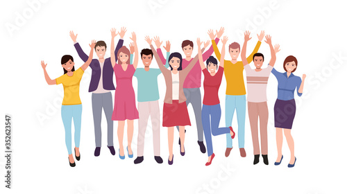 Group of happy people raising hand celebrating success after corona virus pandemic lock down quarantine is over in flat icon design