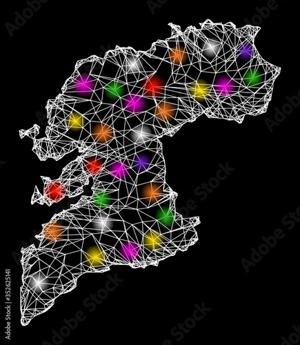 Web mesh vector map of Pontevedra Province with glow effect on a black background. Abstract lines, light spots and points form map of Pontevedra Province constellation.