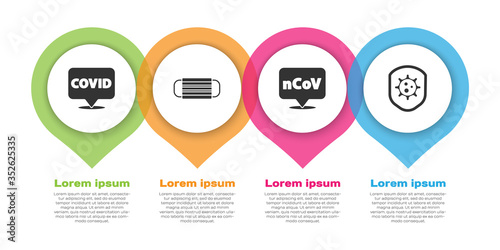 Set Corona virus covid-19 on location, Medical protective mask, Corona virus 2019-nCoV on location and Shield protecting from virus. Business infographic template. Vector.