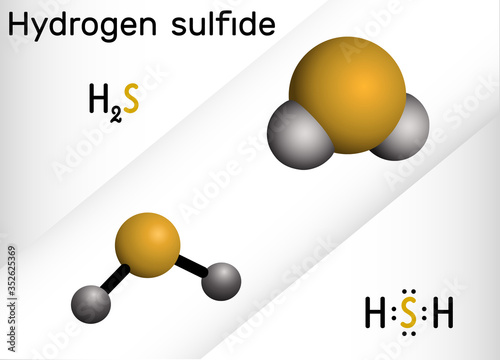 Hydrogen sulfide, hydrosulfuric acid, H2S molecule. It is highly toxic and flammable gas with foul odor of rotten eggs.  Structural chemical formula and molecule model