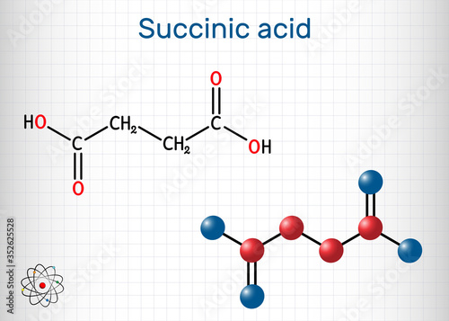 Succinic acid, butanedioic acid, C4H6O4 molecule. It is food additive E363.The anion, succinate, is component of citric acid or TCA. Sheet of paper in a cage