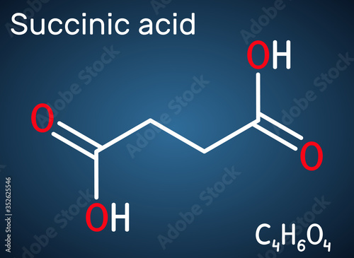 Succinic acid, butanedioic acid, C4H6O4 molecule. It is food additive E363.The anion, succinate, is component of citric acid or TCA. Structural chemical formula on the dark blue background