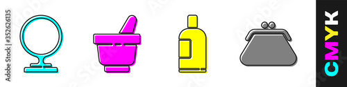 Set Round makeup mirror, Mortar and pestle, Bottle of shampoo and Clutch bag icon. Vector.