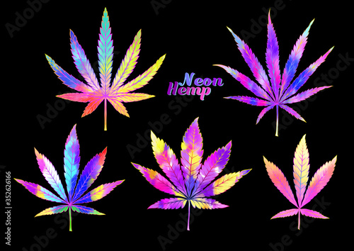 4 grades of cannabis leaf set sativa, indica, hybrid, ruderalis. Clip art, set of elements for design. Vector illustration in neon colors.