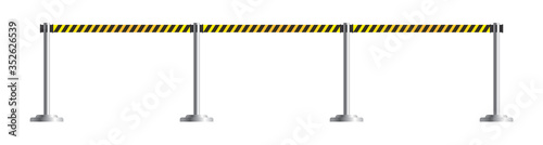 Danger caution retractable belt stanchion. Portable ribbon barrier for restriction and dangerous zones. Black and yellow police tape or border. Airport fence isolated on white background.