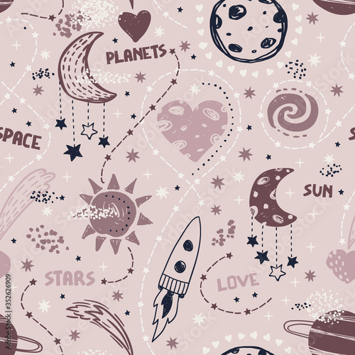 Seamless cute space pattern. It is good for baby clothes, baby bedding, wallpapers, notebook covers, etc.