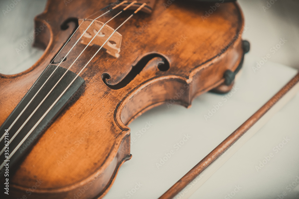 Violin and Bow. Close frame. Symphony orchestra Violin and Bow. Close frame. Symphony orchestra