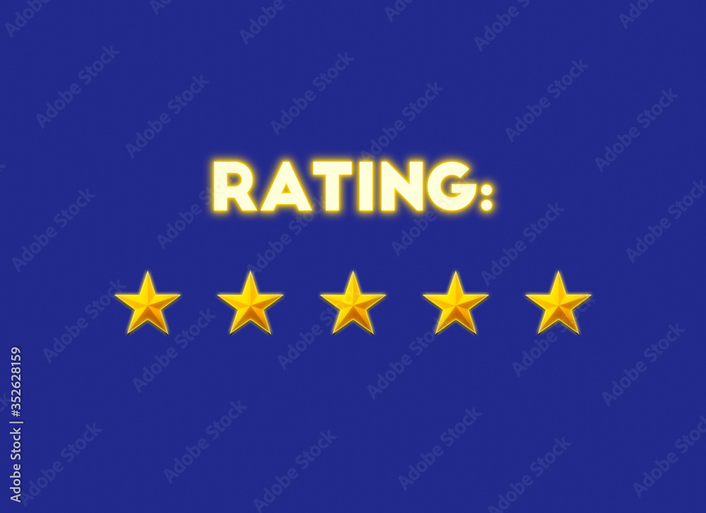 A five-star vote illustration, with glowing golden shapes and the word rating.
A five-star vote illustration, with glowing golden shapes and the word rating.