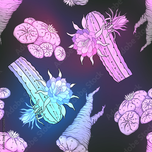 Seamless pattern, background with miraculous, hallucinogenic plants in botanical style in neon colors. Vector illustration