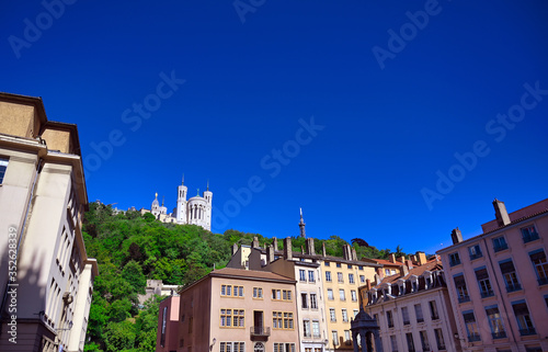 The Basilica of Notre Dame de Fourviere overlooking Lyon, France and the Saone River.