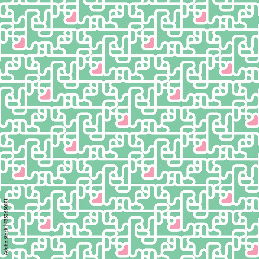 Cute seamless vector pattern in pastel colours. Pink heart shaped elements on green backgrounds with white wavy lines interlocking. Complex and sweet, perfect design for Valentine's day gift wrapping.