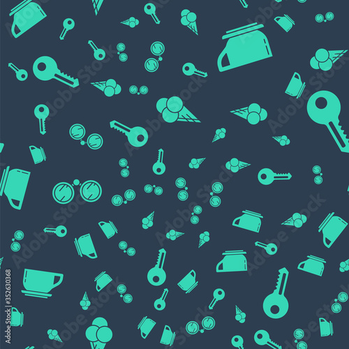 Set Ice cream in waffle cone, Coffee cup, Binoculars and Key on seamless pattern. Vector.