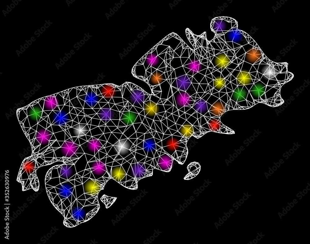 Web mesh vector map of Shikotan Island with glitter effect on a black background. Abstract lines, light spots and spheric points form map of Shikotan Island constellation.