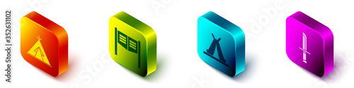 Set Isometric Indian teepee or wigwam, Saloon door, Indian teepee or wigwam and Military knife icon. Vector.