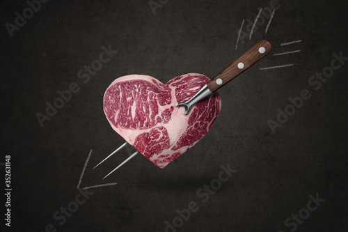 Heart shaped meat with drawn arrow, concept of love for meat and grilling, passion for grilled meat, symbol of love and cupid, illustration