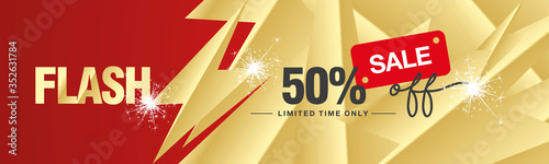 Flash sale 50 percent off handwritten and display tipography lettering colorful gold black red background banner