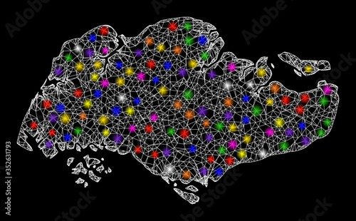Web mesh vector map of Singapore with glitter effect on a black background. Abstract lines, light spots and circle dots form map of Singapore constellation.
