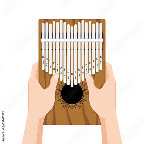 Kalimba a 17 key thumb Piano. Hands holding and play African musical instrument. Finger pocket portable piano. Vector cartoon flat style illustration isolated on white background