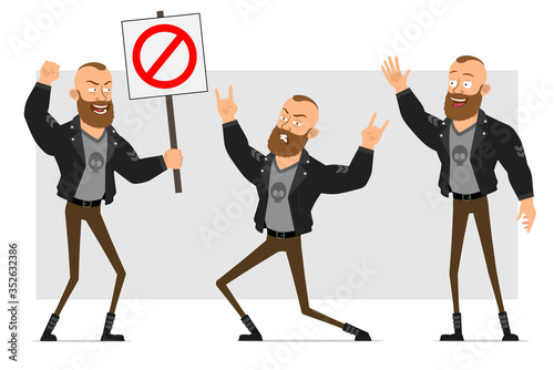 Cartoon flat funny strong bearded punk hooligan with mohawk in leather jacket. Ready for animation. Boy showing rock and roll, hello and no entry sign. Isolated on gray background. Vector icon set.