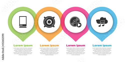 Set Voice assistant, Stereo speaker, Vinyl disk and Music streaming service. Business infographic template. Vector.
