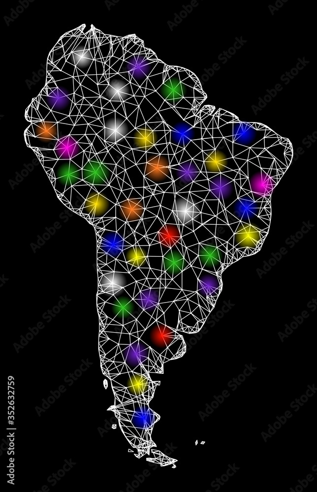 Web mesh vector map of South America with glare effect on a black background. Abstract lines, light spots and circle dots form map of South America constellation.