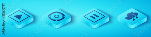 Set Isometric Play in square, Stereo speaker, Music streaming service and Pause button icon. Vector.