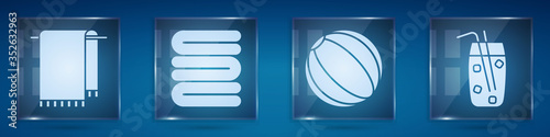 Set Towel on a hanger, Towel stack, Beach ball and Cocktail and alcohol drink. Square glass panels. Vector.