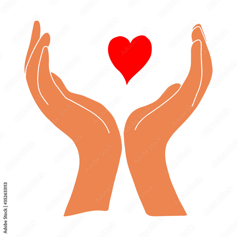 Obraz premium Dark-skinned hands hold the heart.Two palms.Flat illustration.Love and happiness.Valentine's day.Day of lovers.Wedding.Vector illustration.