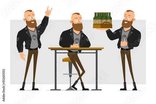 Cartoon flat funny strong bearded punk hooligan with mohawk in leather jacket. Ready for animation. Boy resting at pub and holding box of beer. Isolated on gray background. Vector icon set.
