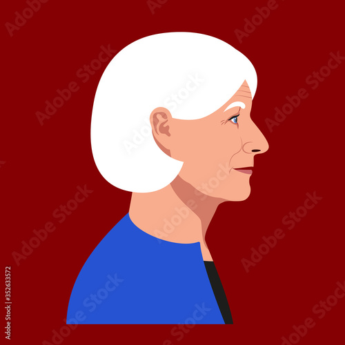 Aged woman profile portrait on dark red background. Vector Illustration.