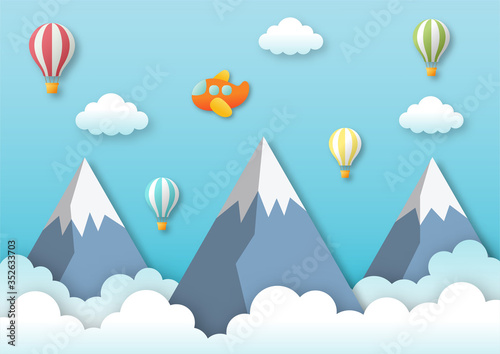 airplane flying in blue sky with balloon and mountain. paper art travel background. vector Illustration.