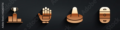 Set Hockey over sports winner podium, Hockey glove, Mallet for playing air hockey and Ice hockey rink icon with long shadow. Vector.