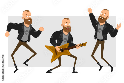 Cartoon flat funny strong bearded punk hooligan with mohawk in leather jacket. Ready for animation. Boy jumping, dancing and playing rock on guitar. Isolated on gray background. Vector icon set.