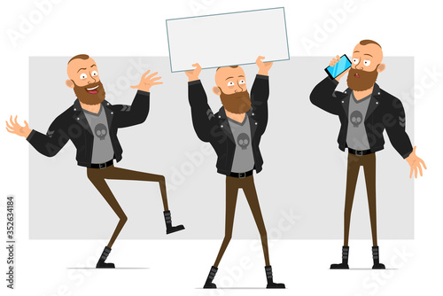 Cartoon flat strong bearded punk hooligan with mohawk in leather jacket. Ready for animation. Boy talking on phone and holding empty blank sign for text. Isolated on gray background. Vector icon set.