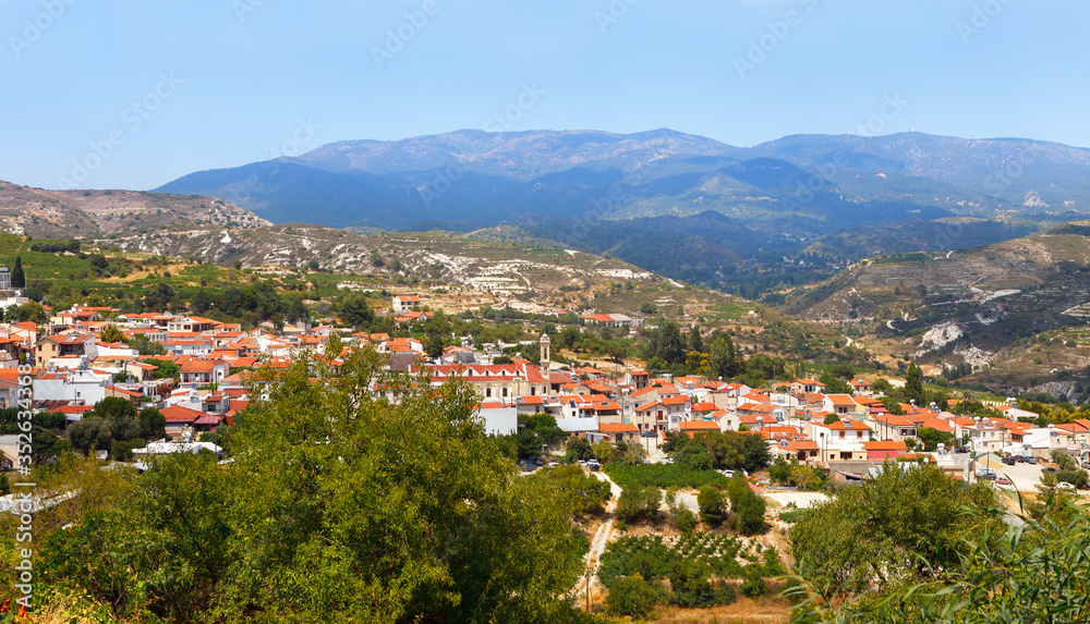 Cyprus, view to the village of Omodos is the Monastery of the Holy cross and the Troodos mountains