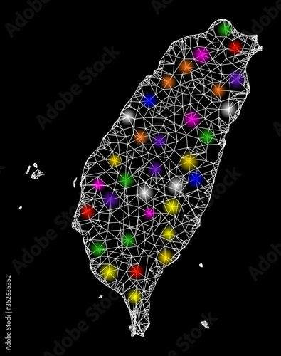 Web mesh vector map of Taiwan with glare effect on a black background. Abstract lines, light spots and circle dots form map of Taiwan constellation. photo