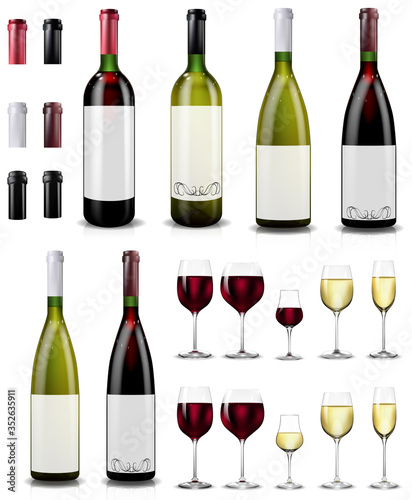 Red and white wine bottles and glasses. Realistic mockup