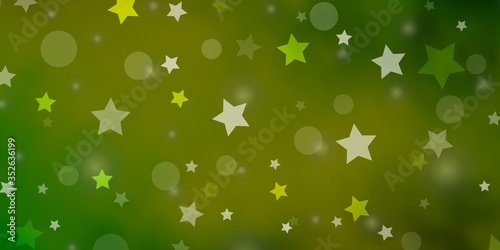 Light Green, Yellow vector background with circles, stars. Abstract illustration with colorful spots, stars. Template for business cards, websites.