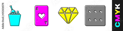 Set Champagne in an ice bucket, Playing card with heart, Diamond and Game dice icon. Vector.