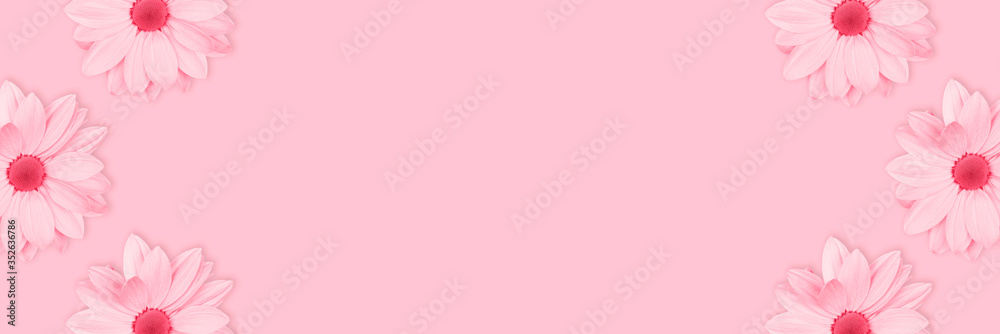 Monochrome pink flower floral long banner or poster.