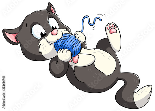Niedliche Katze spielt mit Wollknäuel - Vektor-Illustration