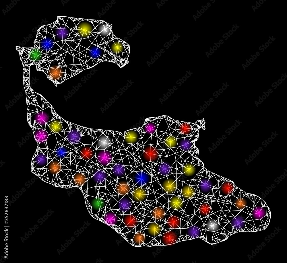Web mesh vector map of Tiran Island with flare effect on a black background. Abstract lines, light spots and small circles form map of Tiran Island constellation.