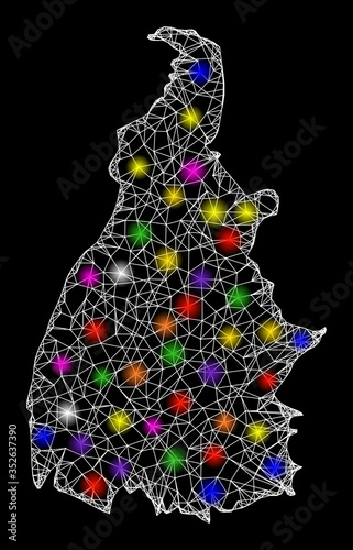 Web mesh vector map of Tocantins State with flare effect on a black background. Abstract lines, light spots and small circles form map of Tocantins State constellation.