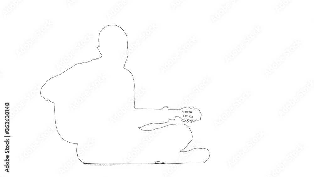 Outline sketch of man musician is playing guitar sitting on the floor. Silhouette isolated on white background Outline sketch of man musician is playing guitar sitting on the floor. Silhouette isolated on white background