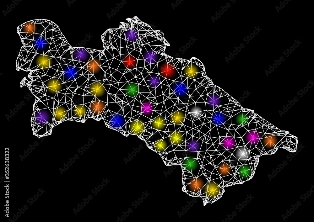 Web mesh vector map of Turkmenistan with glare effect on a black background. Abstract lines, light spots and dots form map of Turkmenistan constellation.