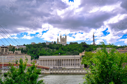 The Basilica of Notre Dame de Fourviere overlooking Lyon, France and the Saone River.