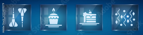 Set Dart arrow, Cake with burning candles, Cake and Festive confetti. Square glass panels. Vector.