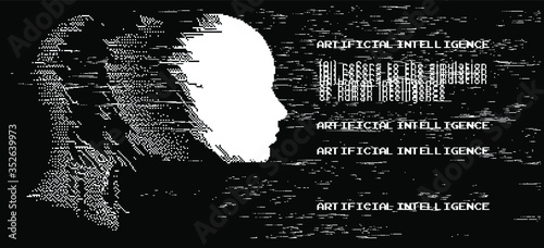 Artificial intelligence concept. Human head with glitched pixels, distorted profile of a woman made of square particles.