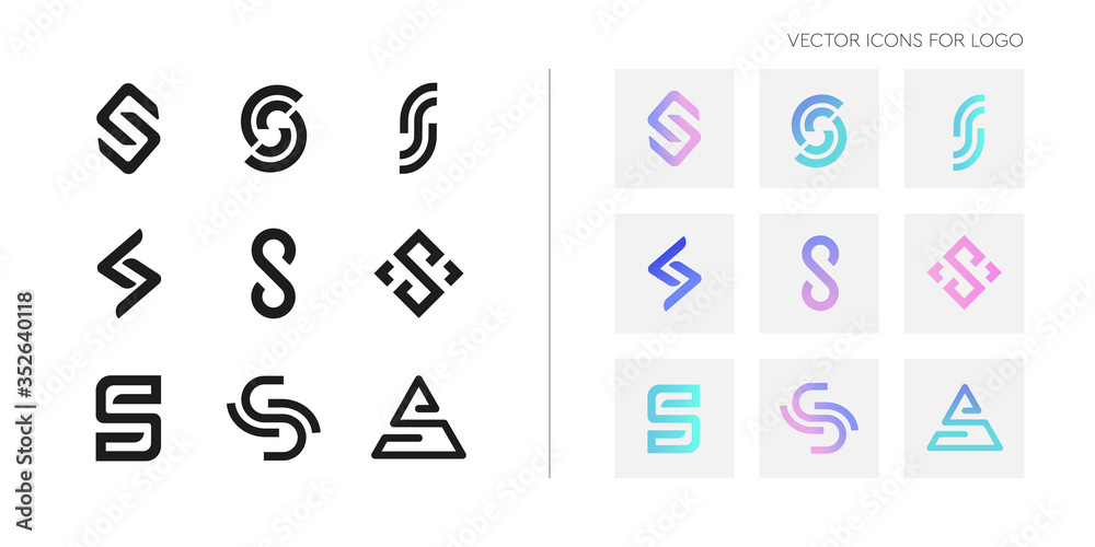 Set of creative pastel logo icons in the form of letter S. Collection of abstract symbols for logos