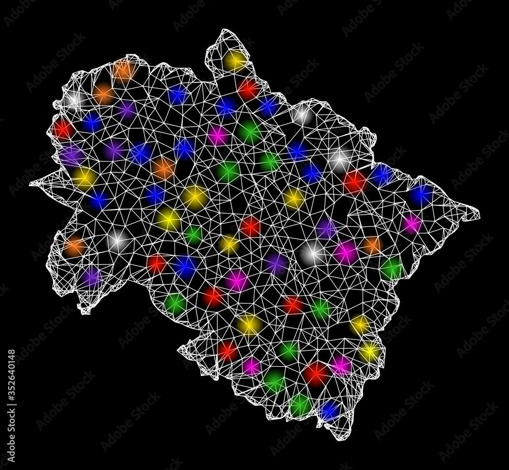 Web mesh vector map of Uttarakhand State with glare effect on a black background. Abstract lines, light spots and spheric points form map of Uttarakhand State constellation. Web mesh vector map of Uttarakhand State with glare effect on a black background. Abstract lines, light spots and spheric points form map of Uttarakhand State constellation.